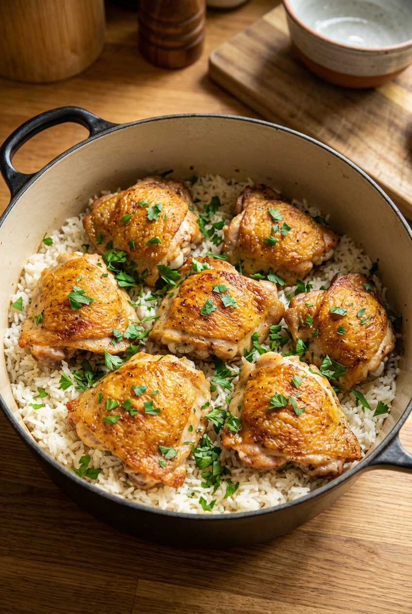 Golden chicken thighs resting on fluffy rice in a Dutch oven with chopped parsley