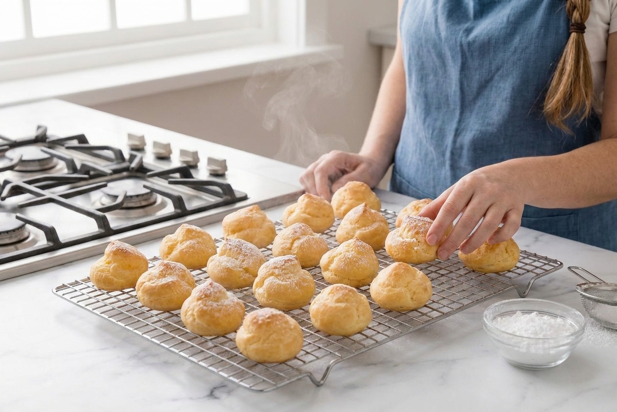 Golden choux pastry shells cooling on a wire rack on a kitchen counter