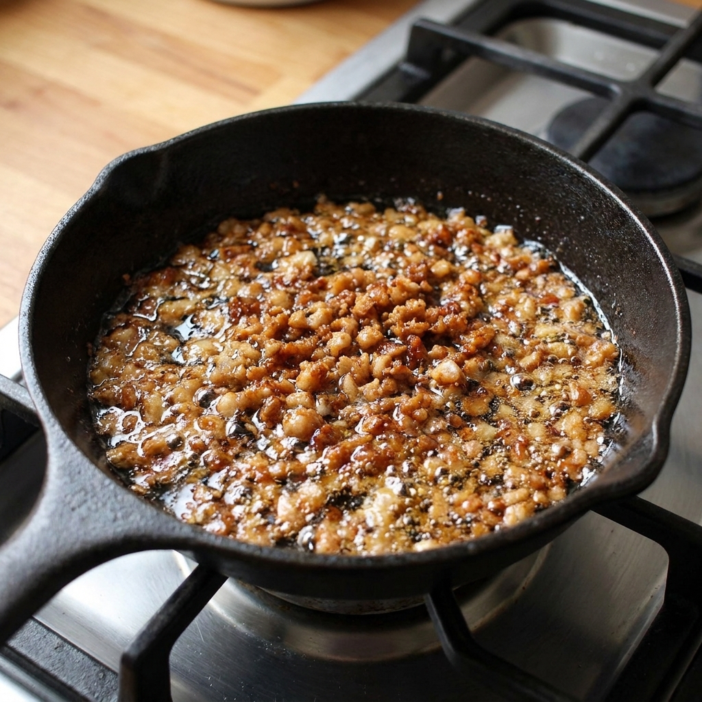 Golden coconut latik curds toasting in a small skillet with separated coconut oil