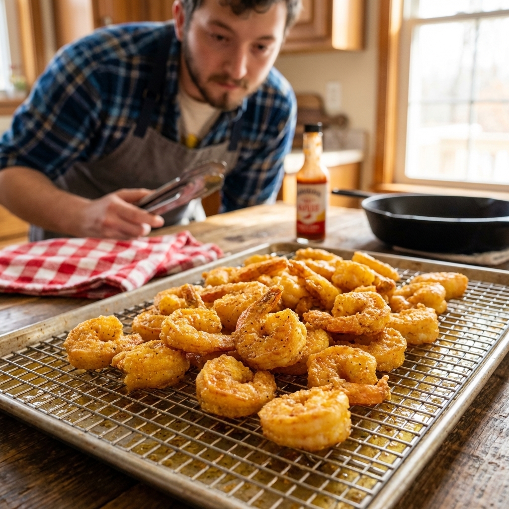 Golden cornmeal-fried shrimp draining on a wire rack over a sheet pan in a home kitchen, close-up real food photography