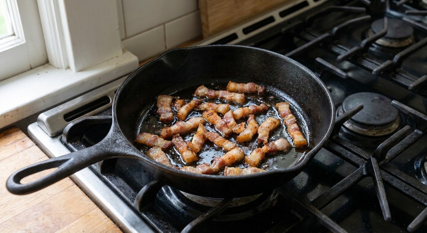 Golden, crisp guanciale pieces sitting in rendered fat in a skillet on the stove with the burner turned off