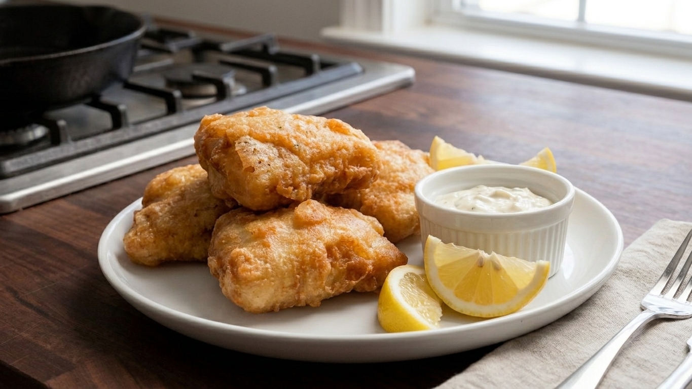 Golden, crispy battered fish fillets stacked on a plate with lemon wedges and a small bowl of tartar sauce on a bright kitchen table