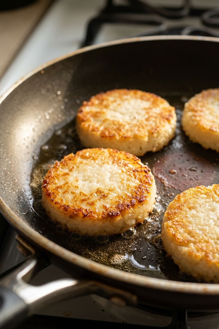 Golden crispy rice cakes browning in a nonstick skillet with a thin sheen of oil, photographed close up with crisp edges visible