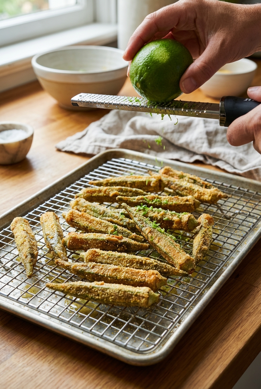Golden fried okra draining on a wire rack with a lime being zested nearby
