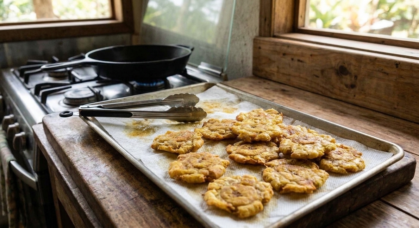 Golden fried smashed plantains draining on paper towels on a sheet pan beside a stove