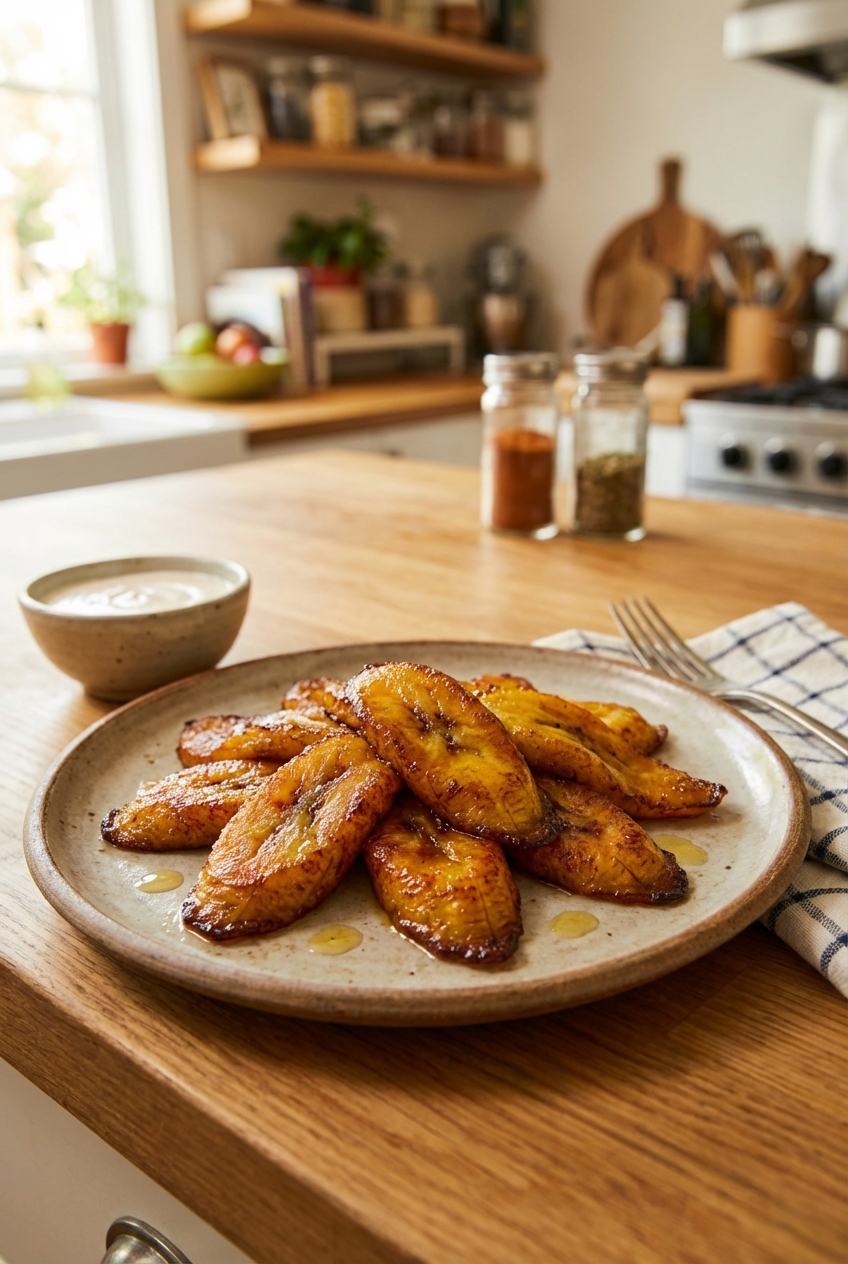 Golden fried sweet plantain slices on a plate