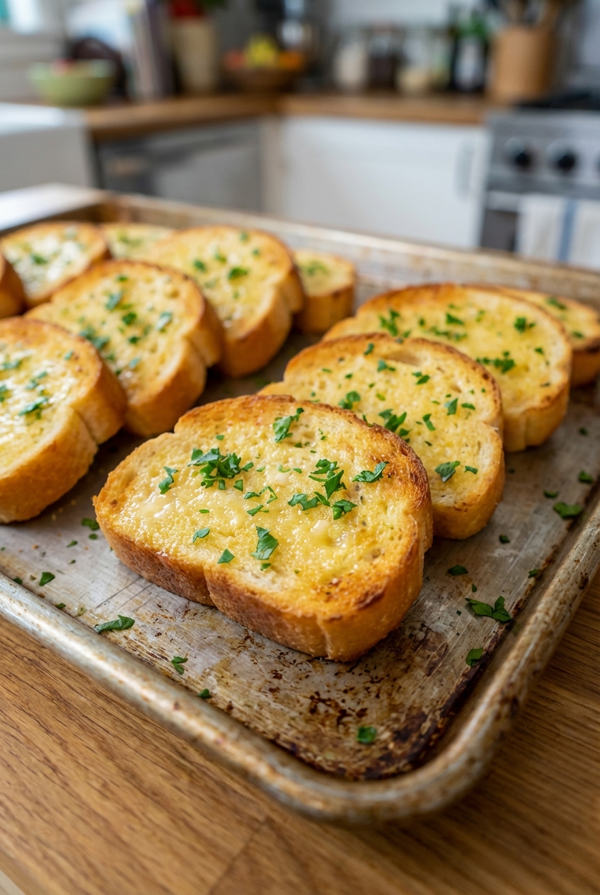 Golden garlic bread slices on a baking sheet with parsley