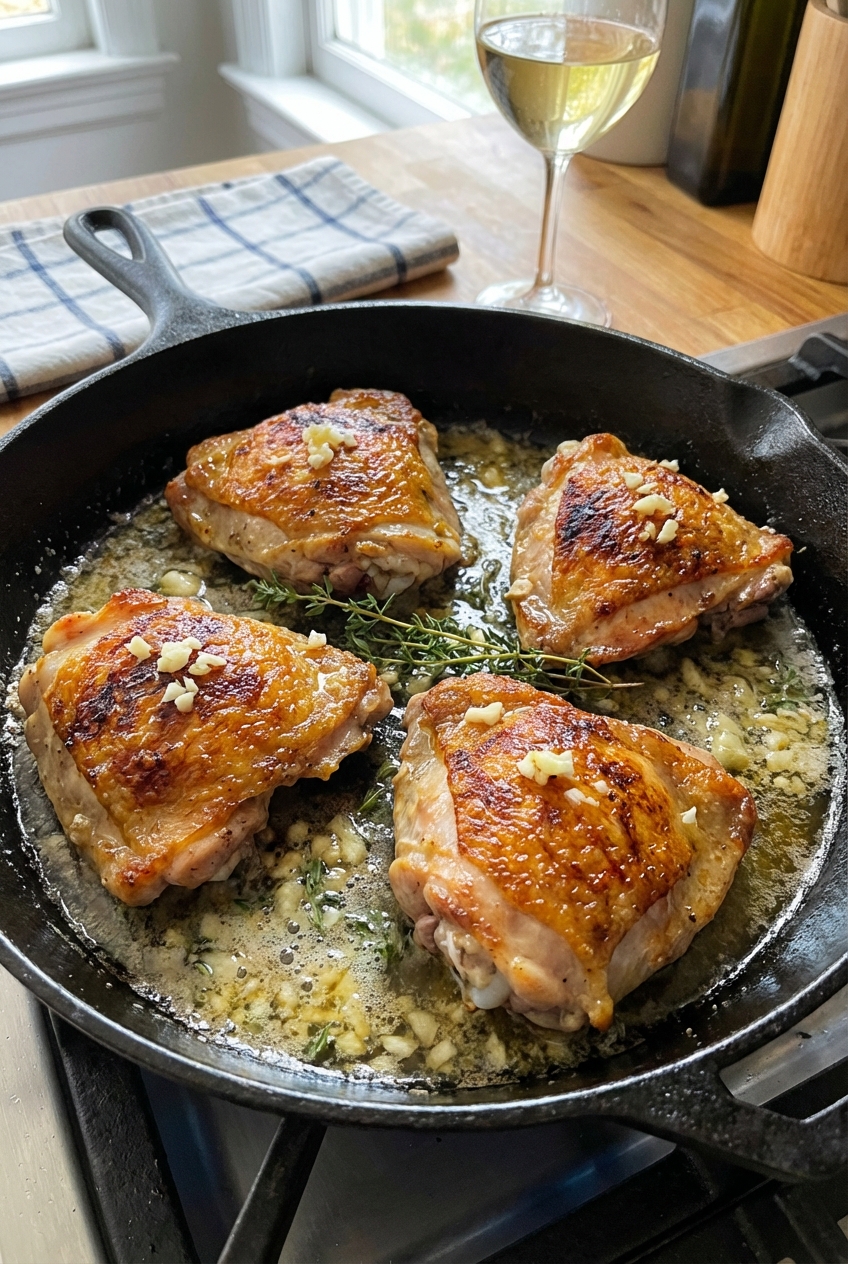Golden garlic butter chicken thighs in a skillet
