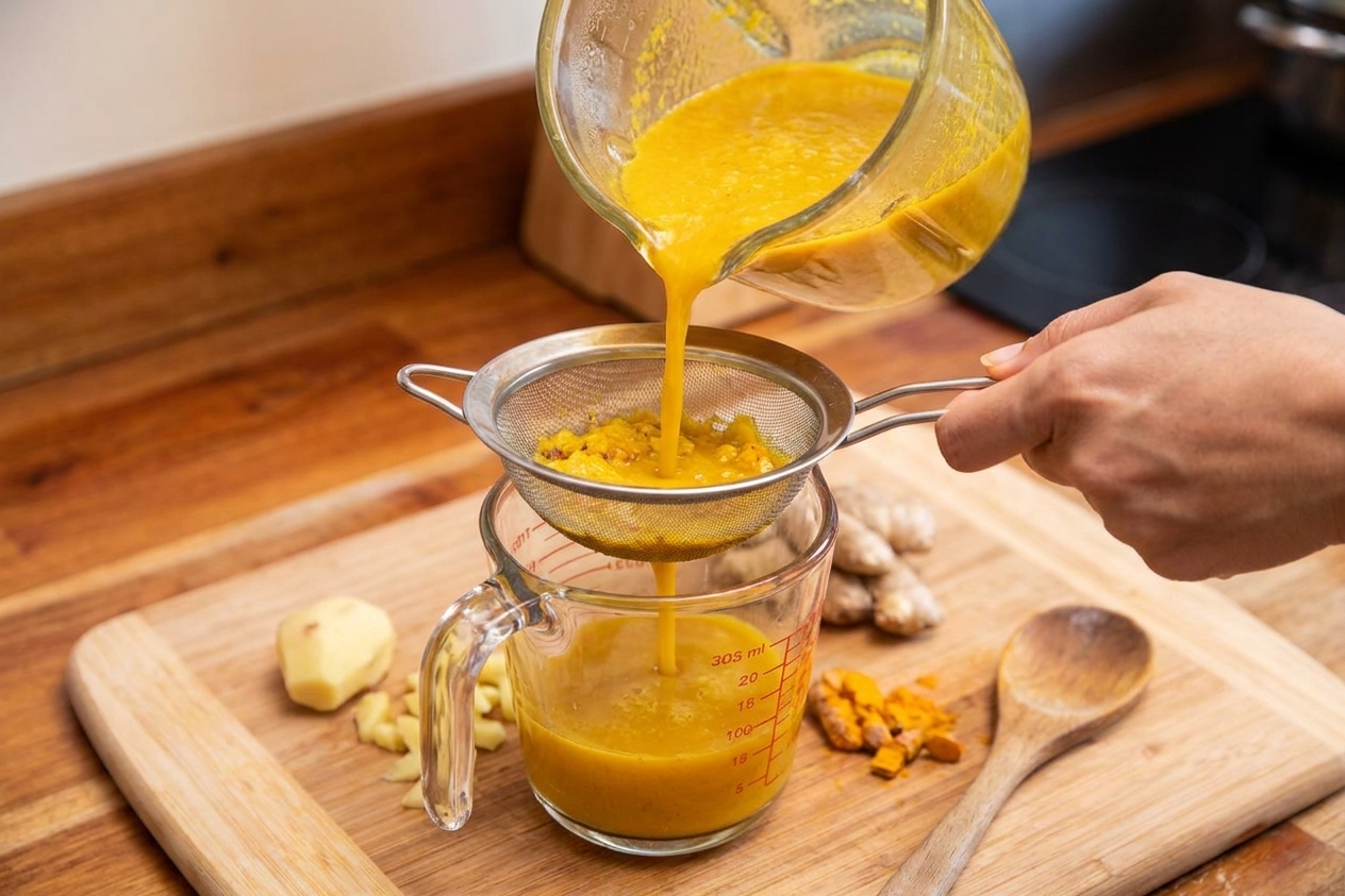 Golden ginger turmeric liquid being poured through a fine mesh strainer into a glass measuring cup on a kitchen counter