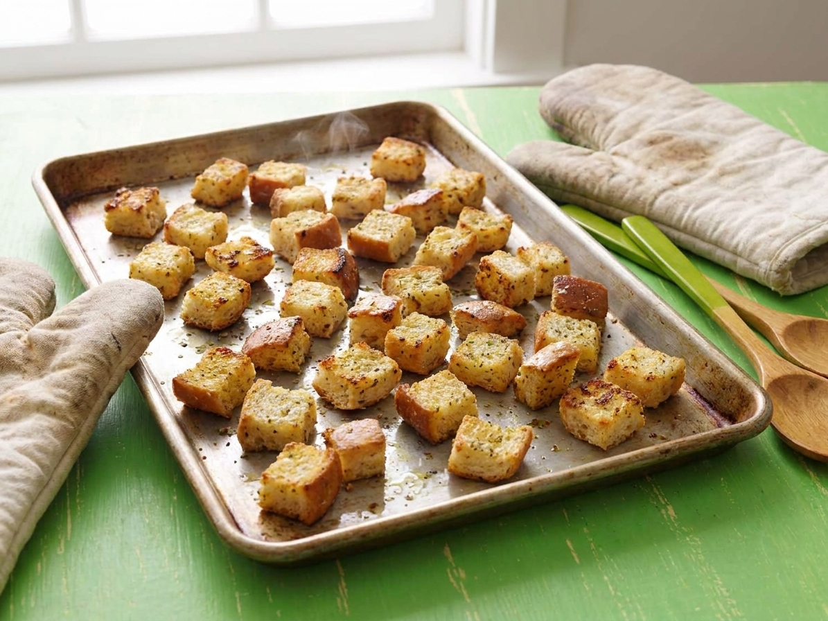 Golden homemade croutons spread on a baking sheet just out of the oven on a kitchen counter