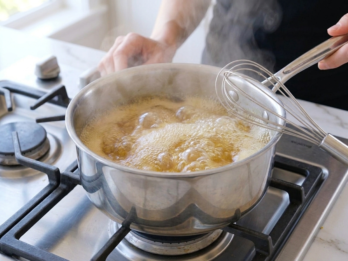 Golden jelly mixture at a vigorous boil in a stainless steel pot on a stovetop with a whisk resting on the rim