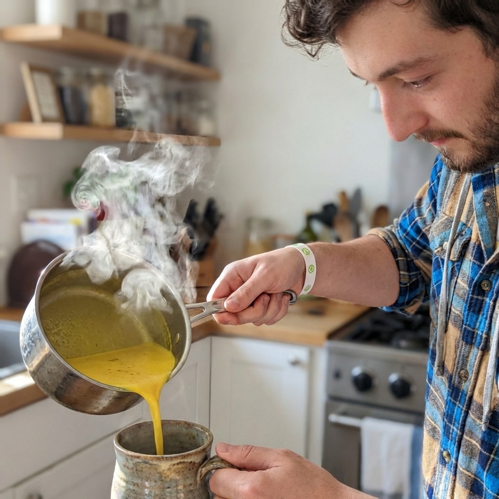 Golden milk being poured from a small saucepan into a ceramic mug, with steam rising