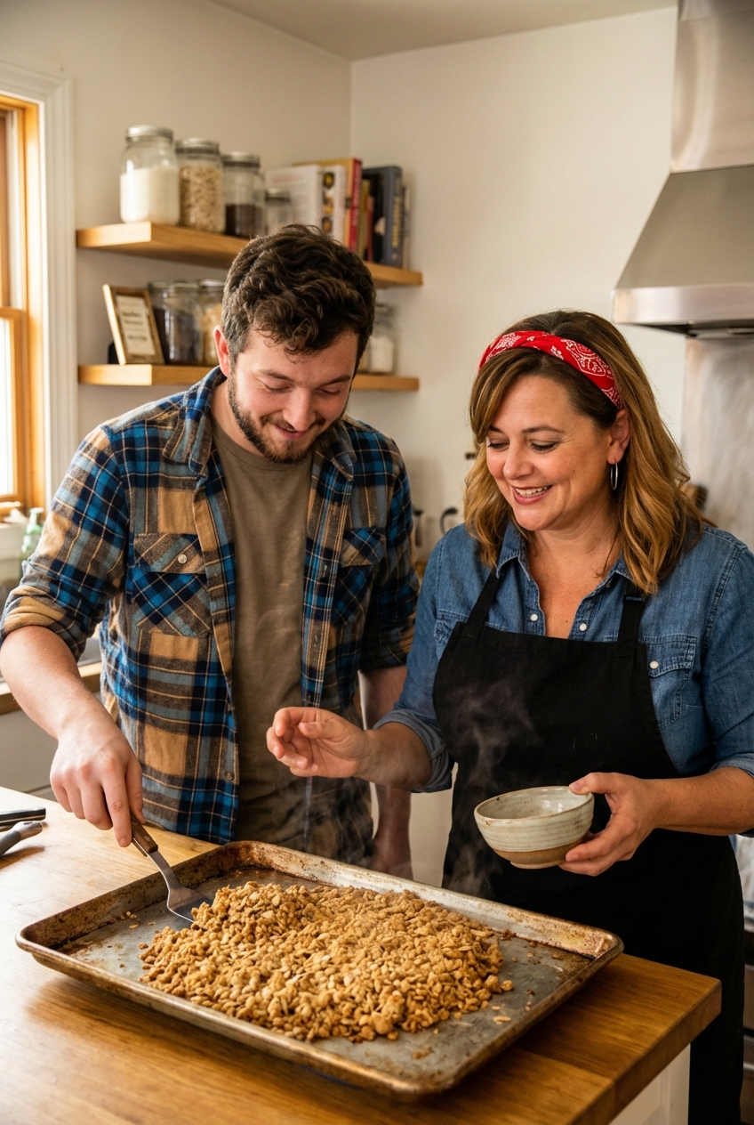 Golden oat-almond crumble cooling on a sheet pan