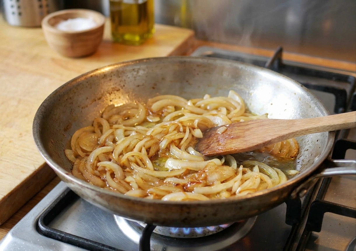 Golden onions cooking down in a skillet, turning soft and sweet as they brown