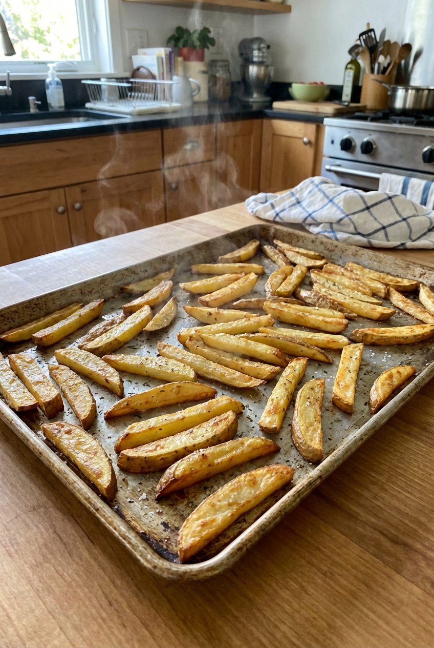 Golden oven-baked fries spread in a single layer on a metal sheet pan just out of the oven