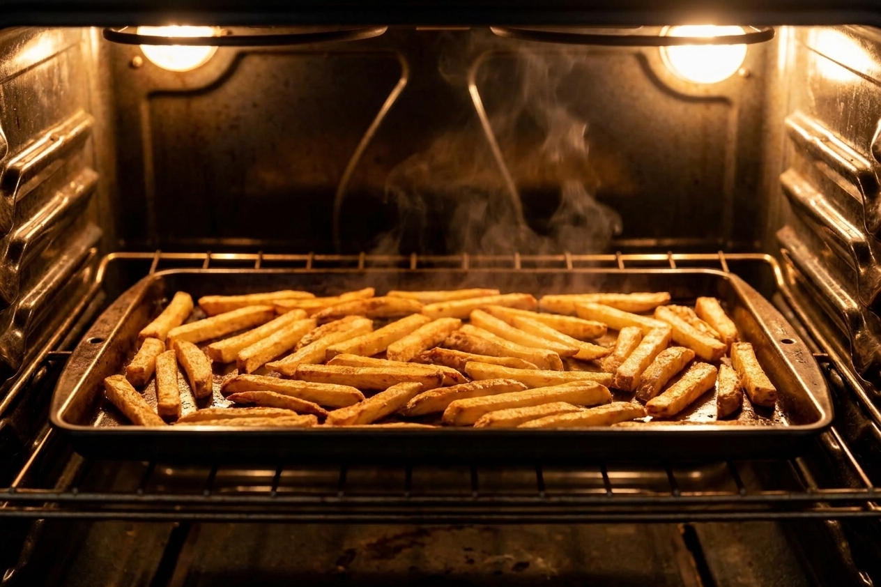 Golden oven fries spread in a single layer on a dark sheet pan inside an oven with warm light