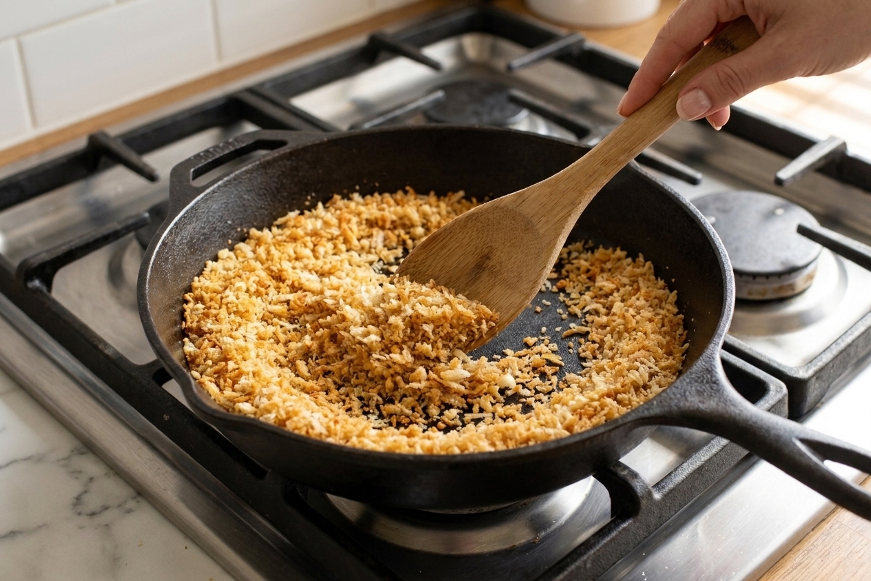Golden panko breadcrumbs being stirred in a skillet with a wooden spoon on a stovetop