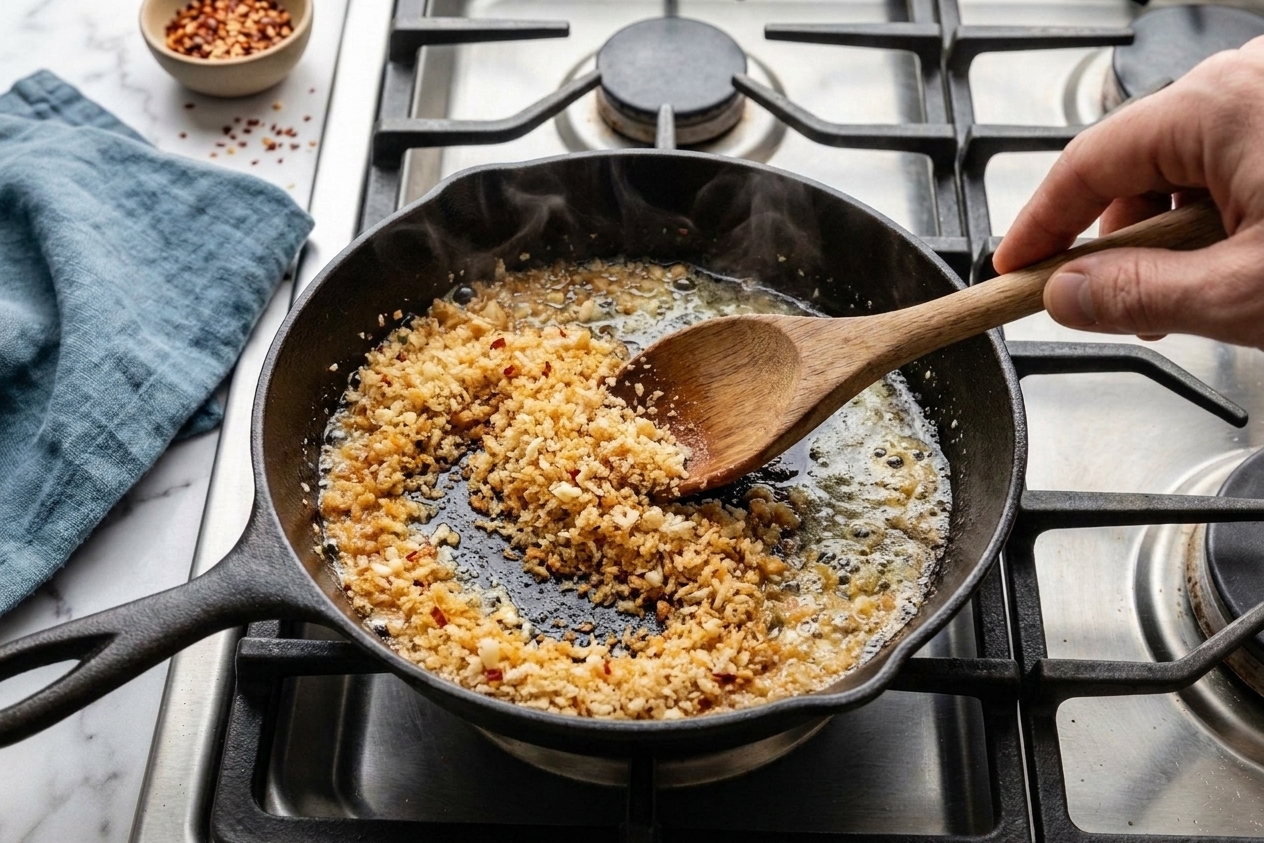 Golden panko breadcrumbs being stirred in melted butter in a small pan on a stovetop