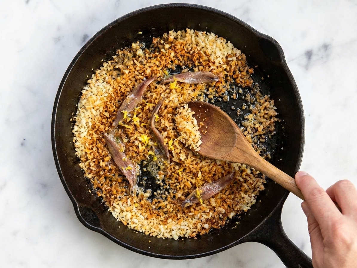 Golden panko breadcrumbs toasting in a skillet with melted anchovies and lemon zest