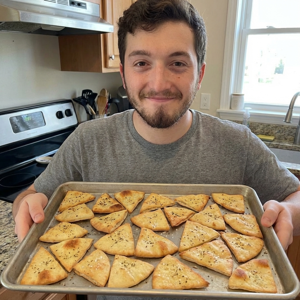 Golden pita chips spread on a sheet pan with lightly browned edges