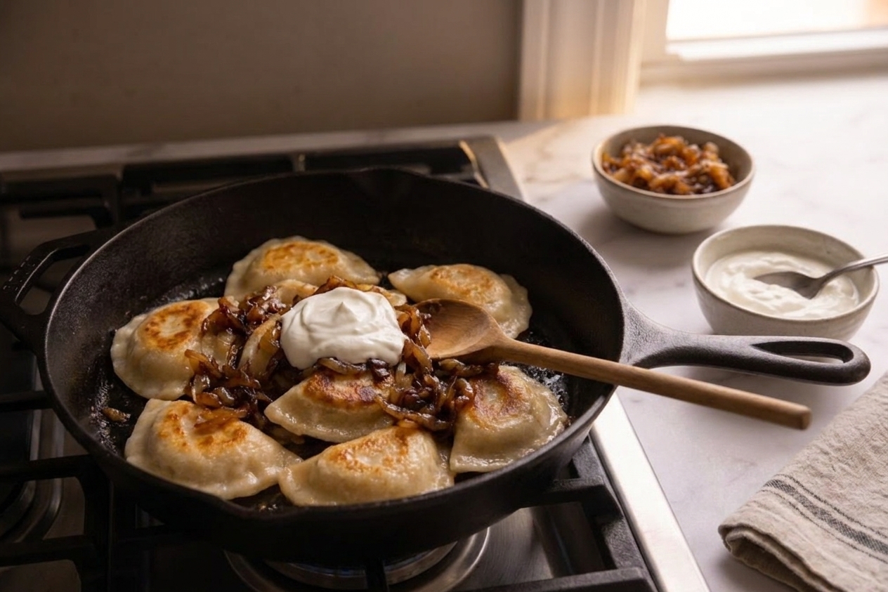 Golden potato and cheddar perogies in a cast iron skillet with caramelized onions and a spoonful of sour cream nearby, warm home kitchen lighting