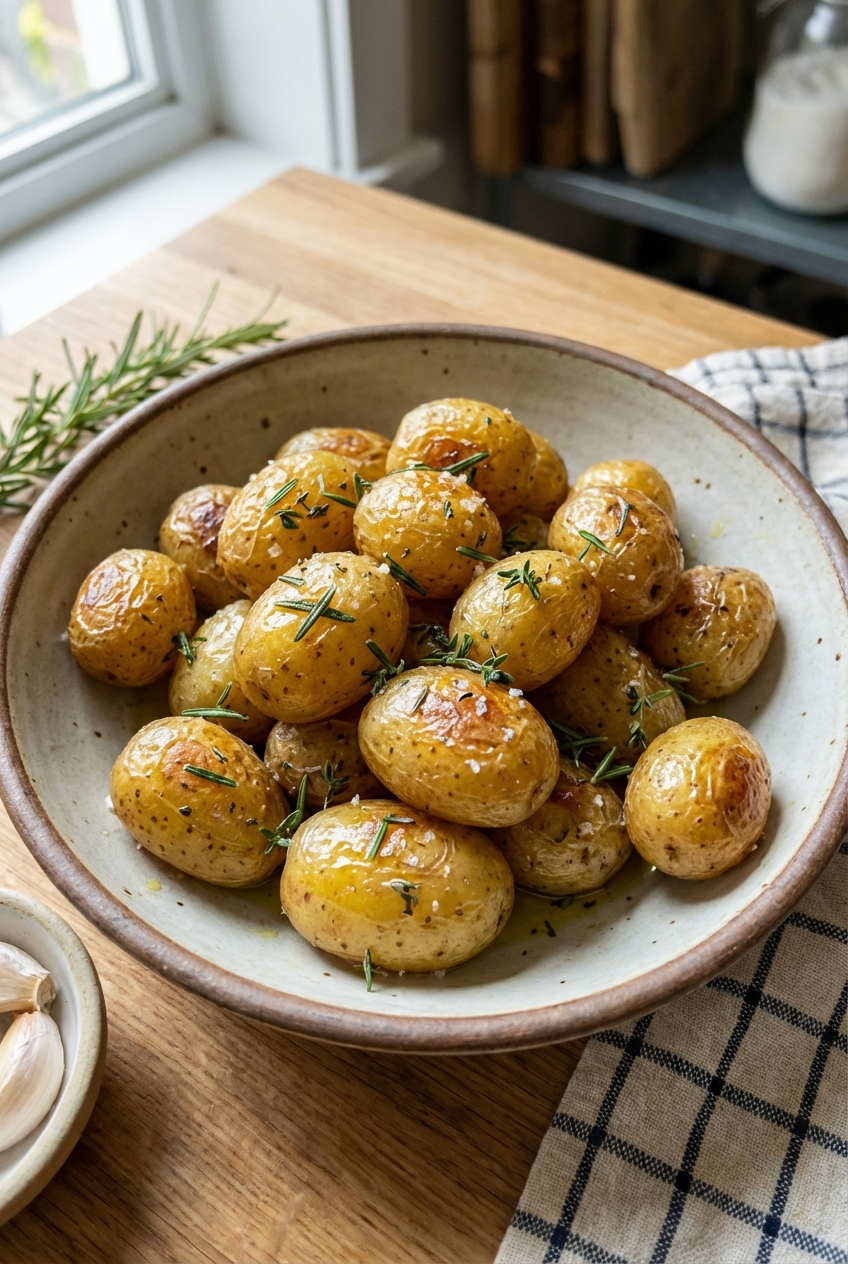 Golden roasted baby potatoes in a bowl with herbs