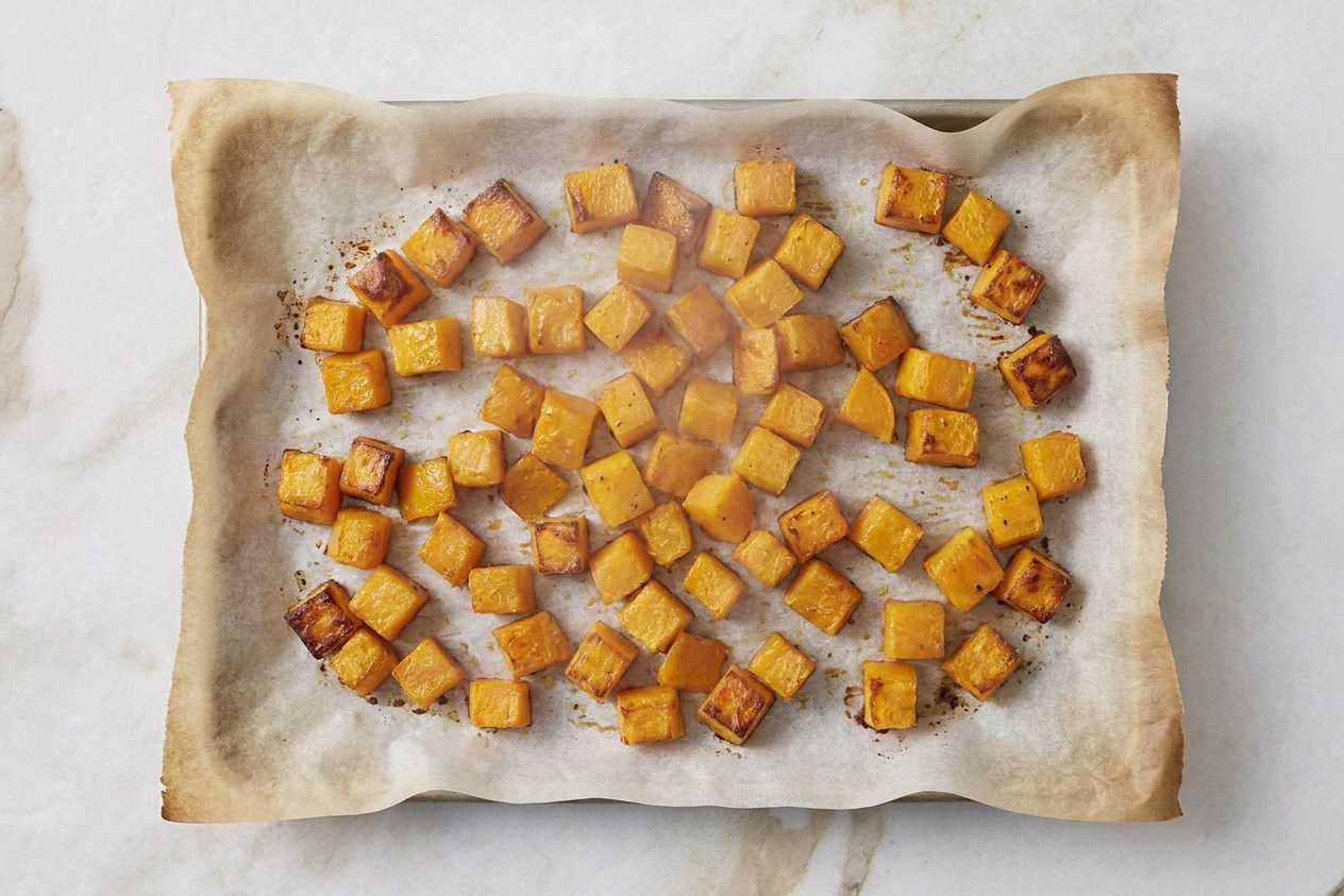 Golden roasted butternut squash cubes with browned edges on a parchment-lined baking sheet just out of the oven