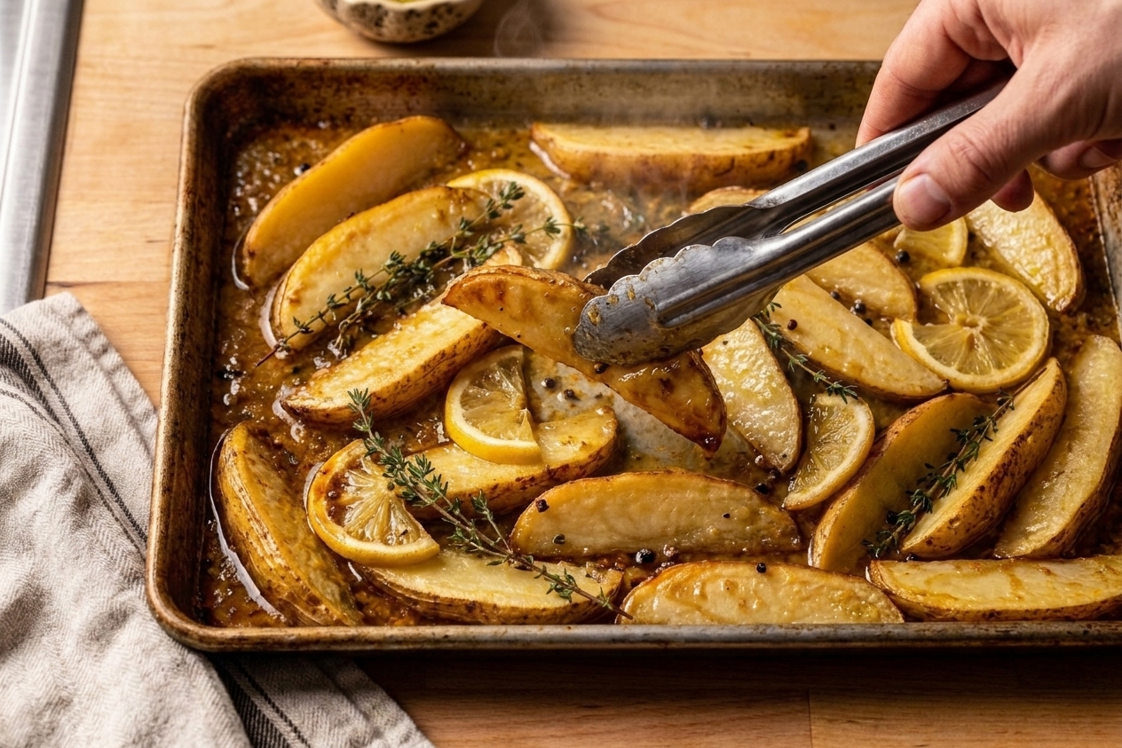 Golden roasted potato wedges on a sheet pan with bubbling reduced lemon-garlic pan sauce clinging to the potatoes