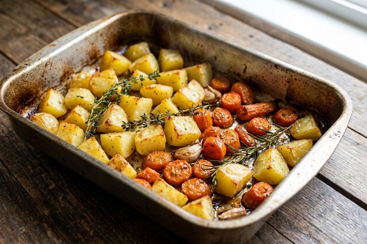 Golden roasted potatoes and tender carrots in a roasting pan with browned edges