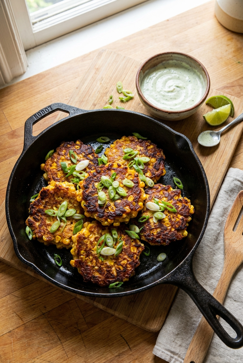 Golden rustic corn fritters with crisp edges in a cast iron skillet, topped with sliced scallions and served with a small bowl of lime yogurt sauce