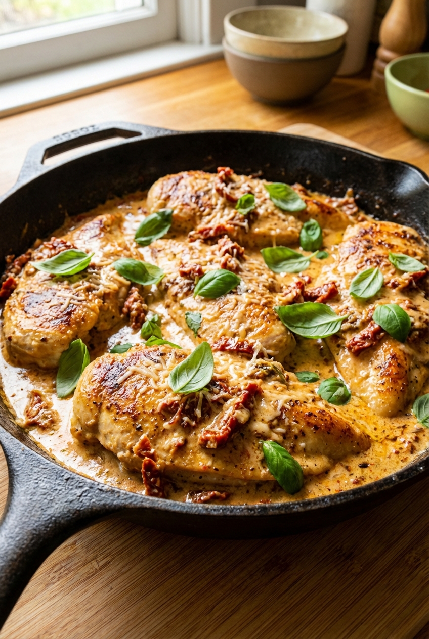 Golden seared chicken breasts in a skillet coated in creamy sun-dried tomato Parmesan sauce with fresh basil