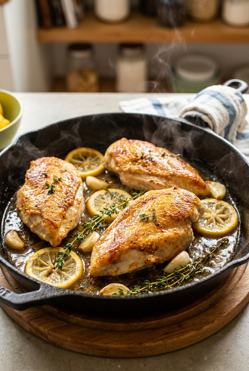 Golden seared chicken breasts in a skillet with lemon slices, garlic, and a glossy pan sauce
