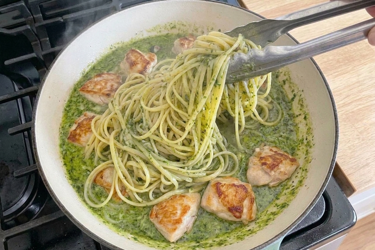 Golden seared chicken pieces in a skillet next to cooked pasta, ready to be tossed with pesto