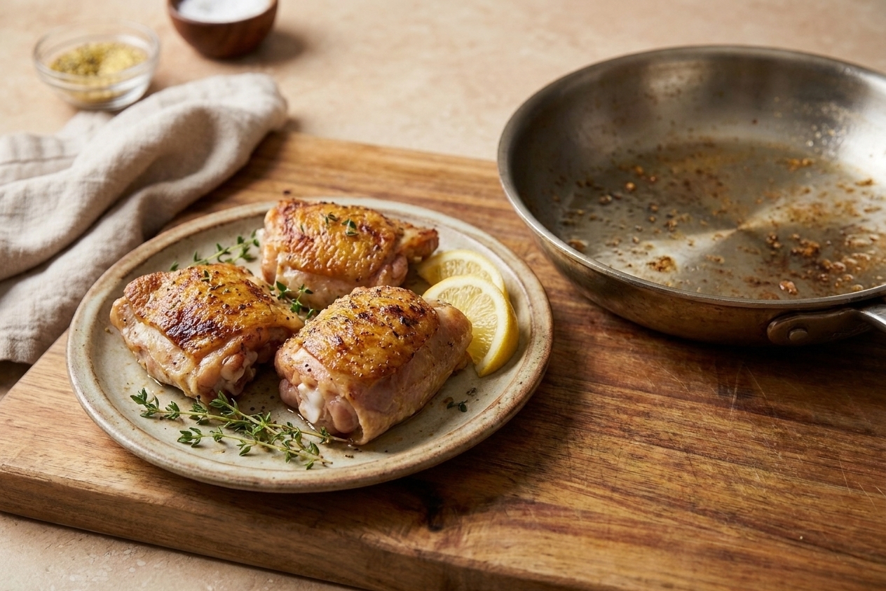 Golden seared chicken thighs resting on a plate beside a skillet with browned bits