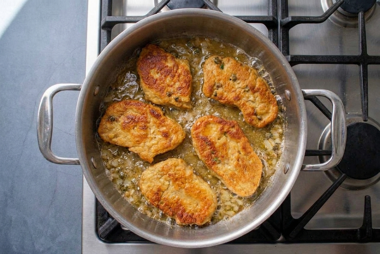 Golden seitan cutlets frying in a skillet with bubbling oil, captured mid-cook on a home stovetop