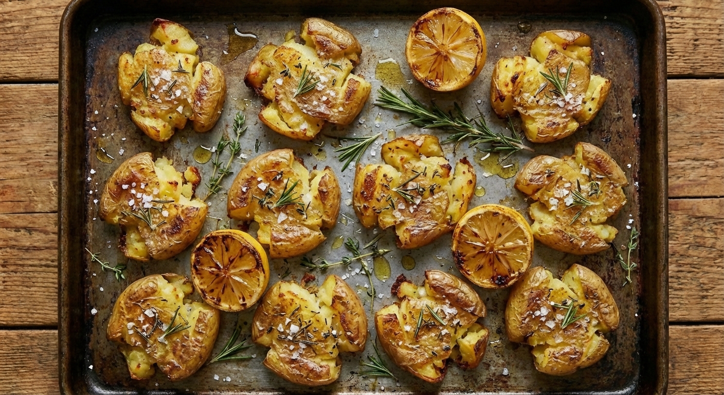 Golden smashed potatoes on a tray with crisp edges and flaky salt