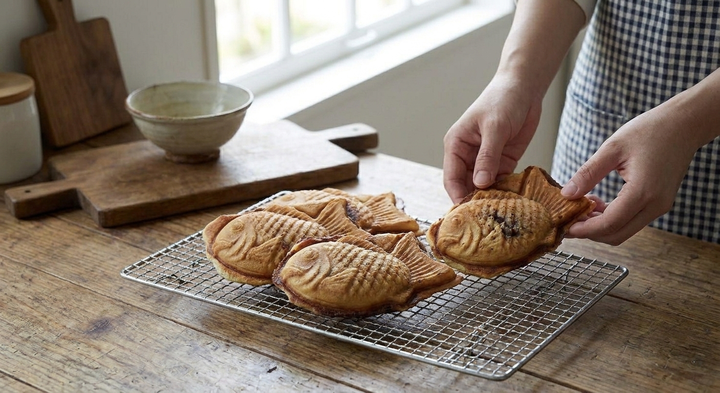 Golden taiyaki fish-shaped cakes resting on a wire cooling rack on a kitchen counter