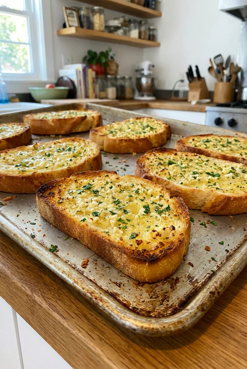Golden toasted garlic bread slices on a baking sheet