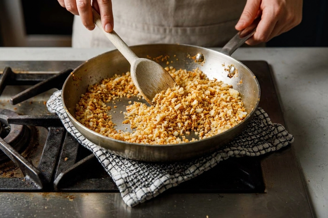 Golden toasted panko breadcrumbs in a skillet being stirred with a wooden spoon on a stovetop