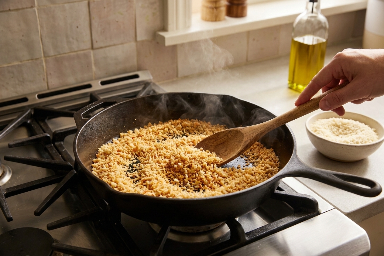 Golden toasted panko breadcrumbs in a skillet with a wooden spoon, crumbs evenly browned on a home stove