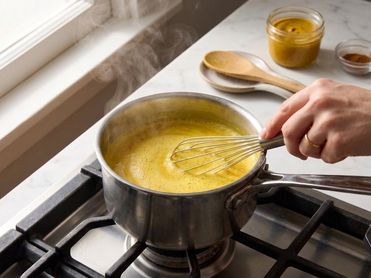 Golden turmeric milk being whisked in a small saucepan on a stovetop with steam rising