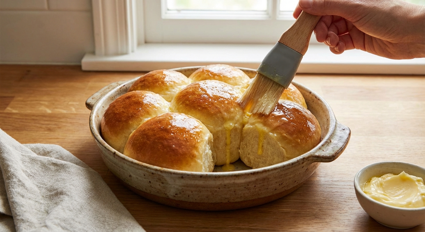 Golden yeast rolls in a baking dish being brushed with melted butter