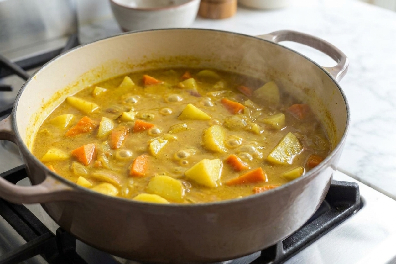 Golden yellow curry gently bubbling in a Dutch oven with visible potato chunks and carrots