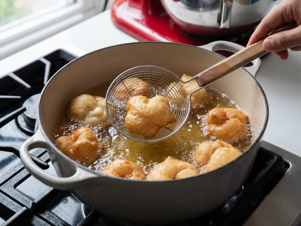 Golden zeppole puffing in hot oil as they are turned with a spider strainer in a Dutch oven