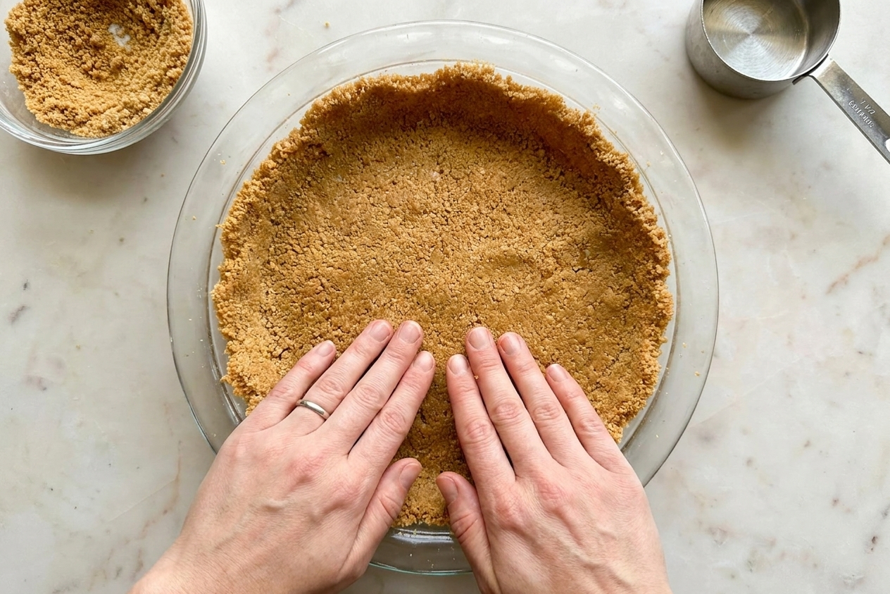 Graham cracker crumb mixture being pressed into a 9-inch pie dish