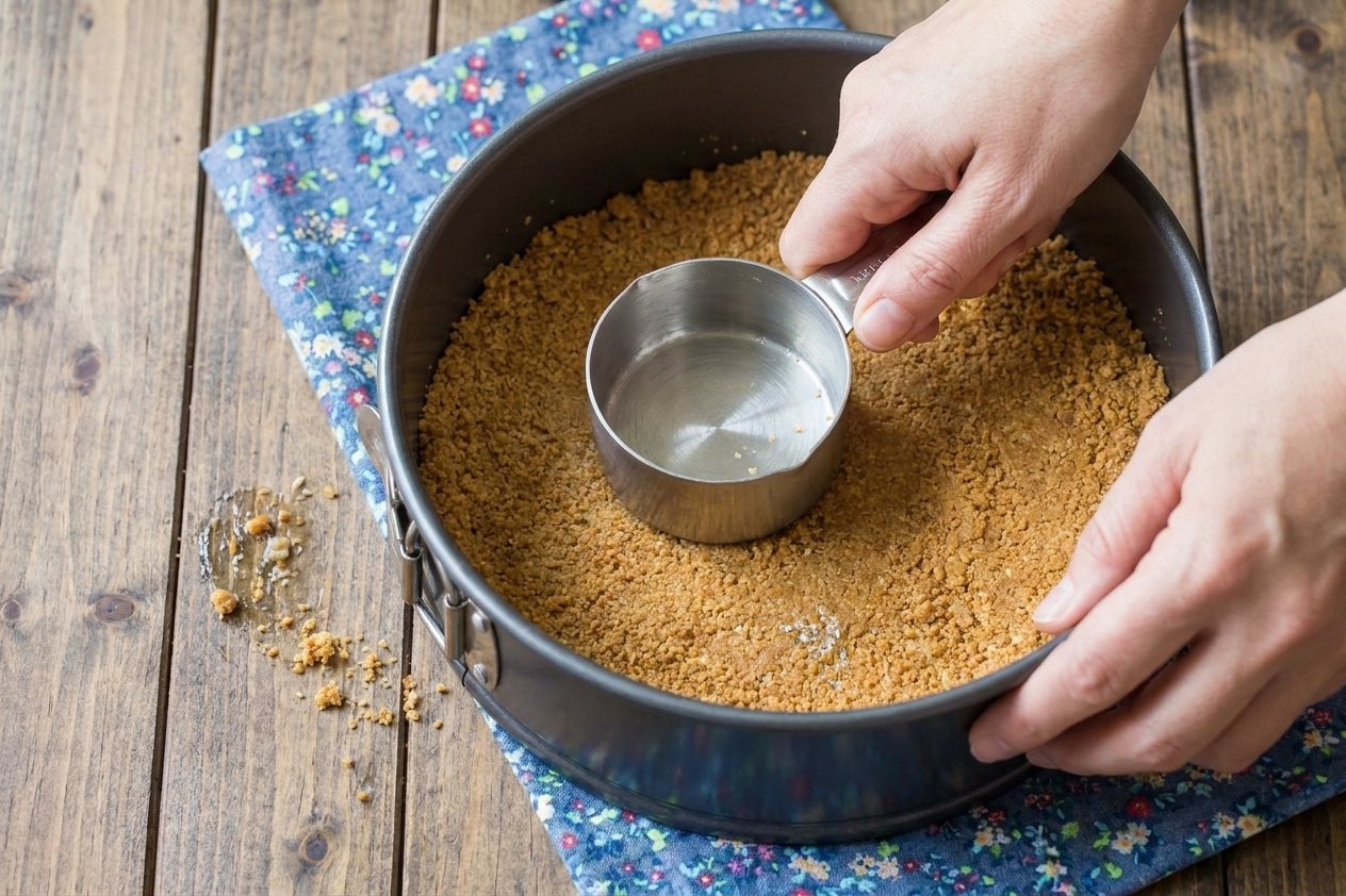 Graham cracker crumbs being pressed firmly into the bottom of a springform pan on a kitchen counter