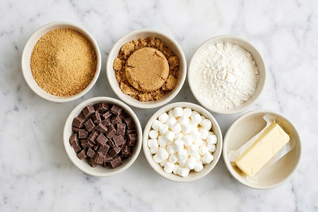 Graham cracker crumbs, butter, brown sugar, flour, chocolate, and mini marshmallows arranged on a bright kitchen counter in small bowls