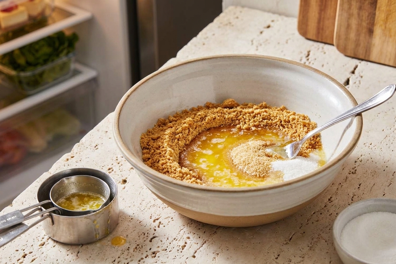 Graham cracker crumbs, melted butter, and sugar in a mixing bowl on a kitchen counter with measuring cups nearby