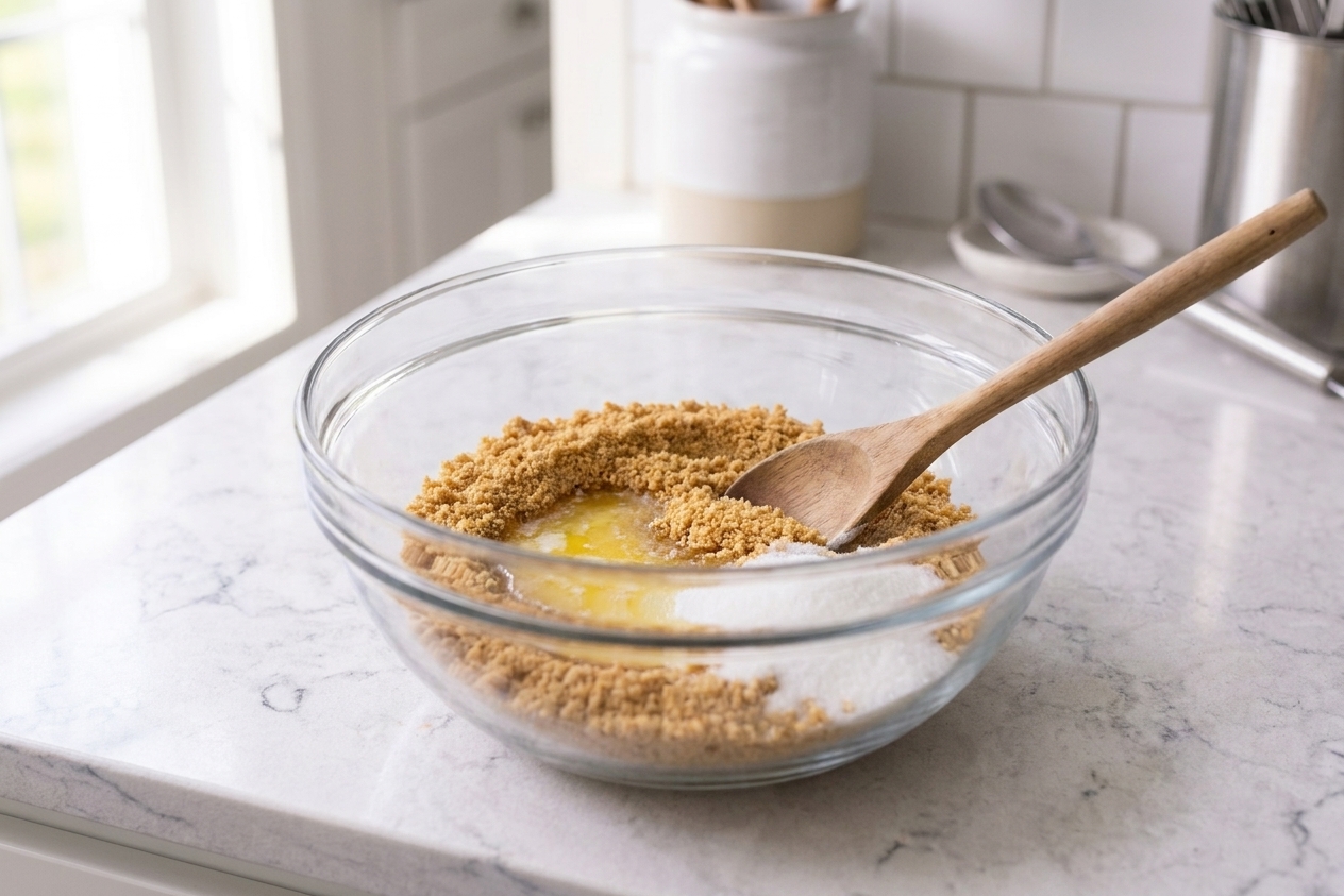 Graham cracker crumbs, melted butter, and sugar in a mixing bowl on a kitchen counter, ready to be stirred into a crust