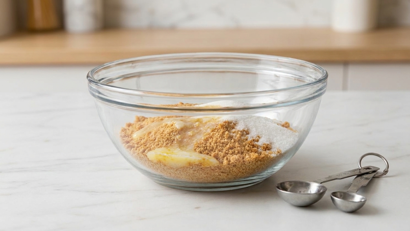 Graham cracker crumbs, melted butter, and sugar in a mixing bowl on a light kitchen counter with measuring spoons nearby